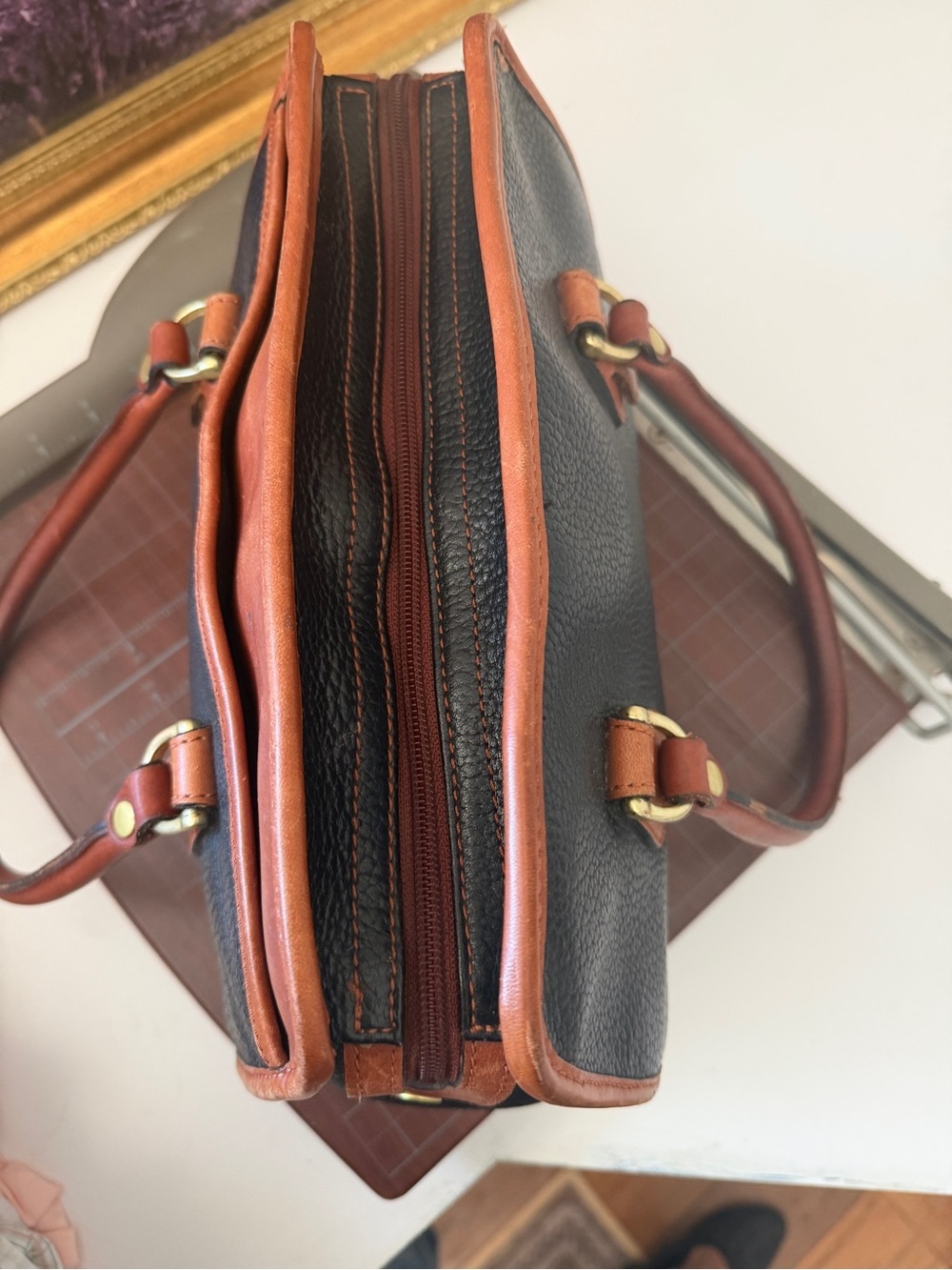 Classic Vintage Navy and Brown Leather Satchel Handbag - Picture 4 of 11